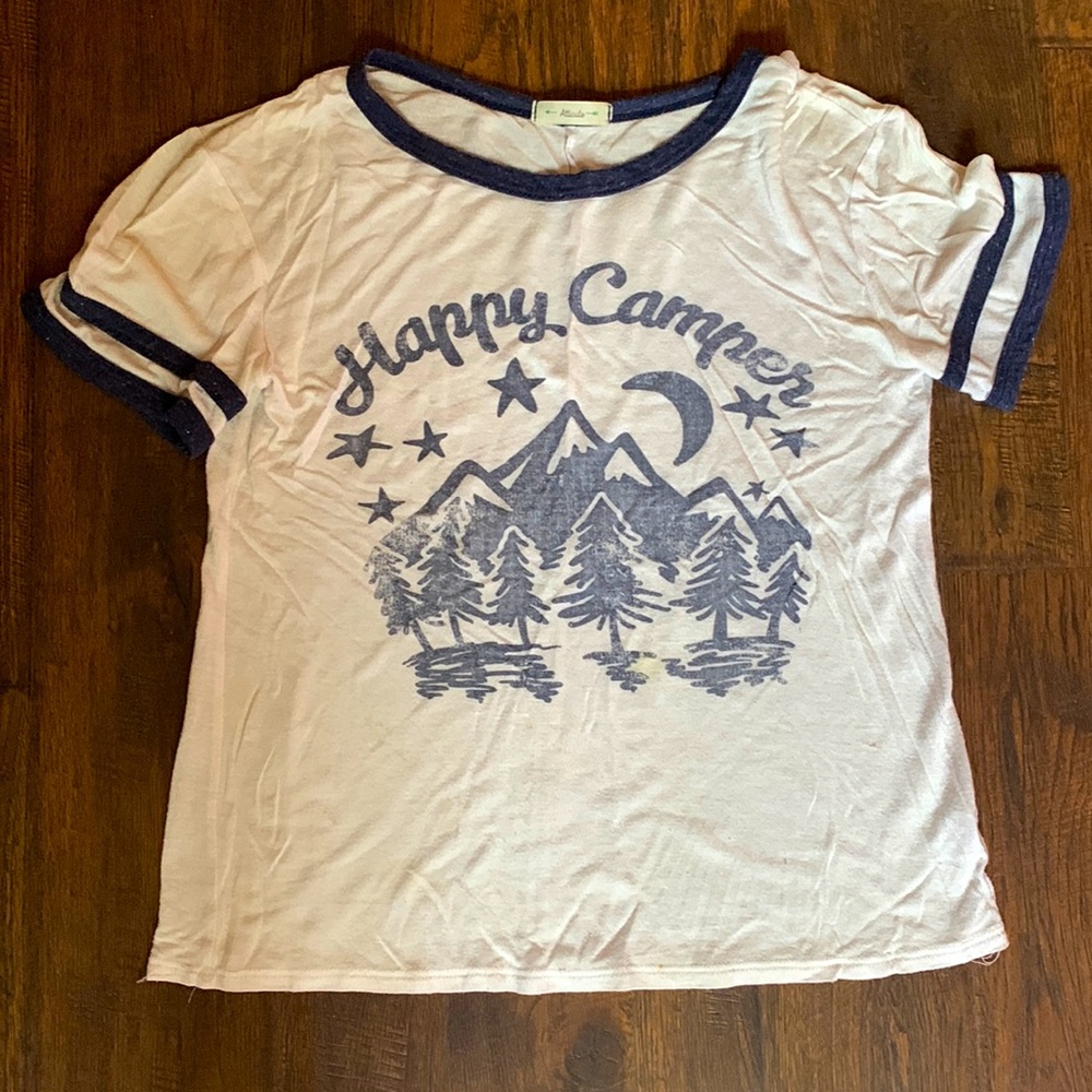 White and Blue “Happy Camper” shirt. No damages, super soft and comfy